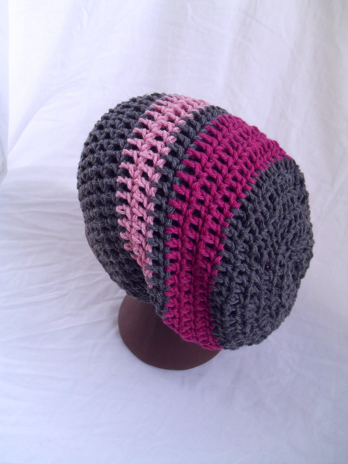 Organic Slouchy Beanie Pink Striped Vegan Cotton Hat CUSTOM ORDER
