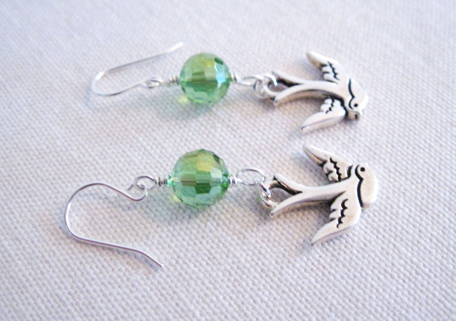 Swallow Bird Dangle Earrings with Round Green Crystals- Woman-Teen-Gift