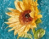 Original Art Print, A sunflower that dazzles with its yellow nodding head painted on a start filled turquoise background,10x10 - CarolesStudio