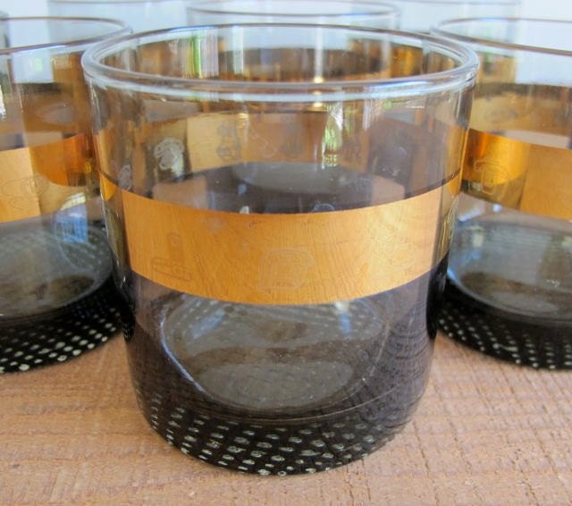 Smoked Glass Vintage Barware with Gold Leaf Band - Highball Glasses - Set of Eight (8)