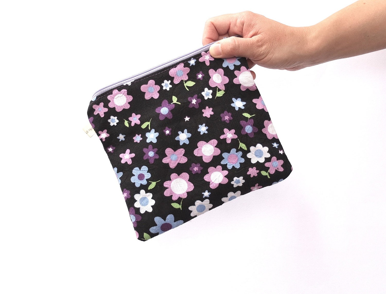 Fold Over Clutch, Black and Lilac Purse, Handbag, Cosmetic Bag, Make up Pouch