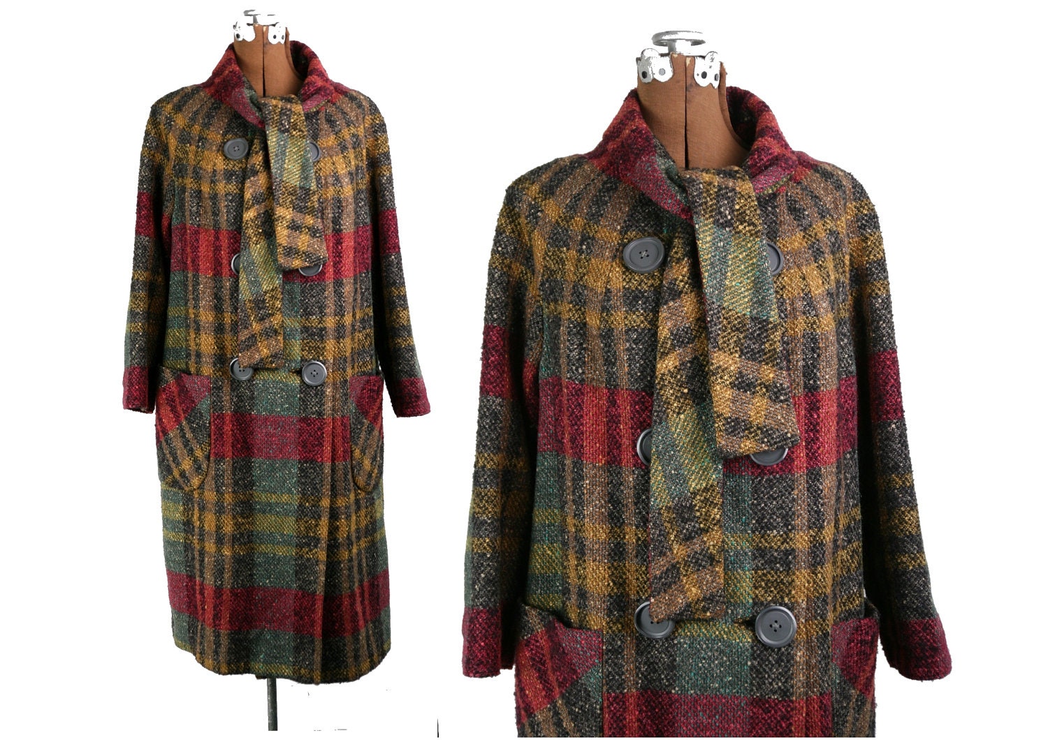 1950s 1960s Vintage Plaid Wool Winter Coat with Tie Neck / M L