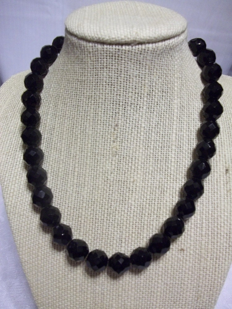 Vintage Jet Black Faceted Crystal Bead Necklace  Wedding Goth Steampunk DD-180