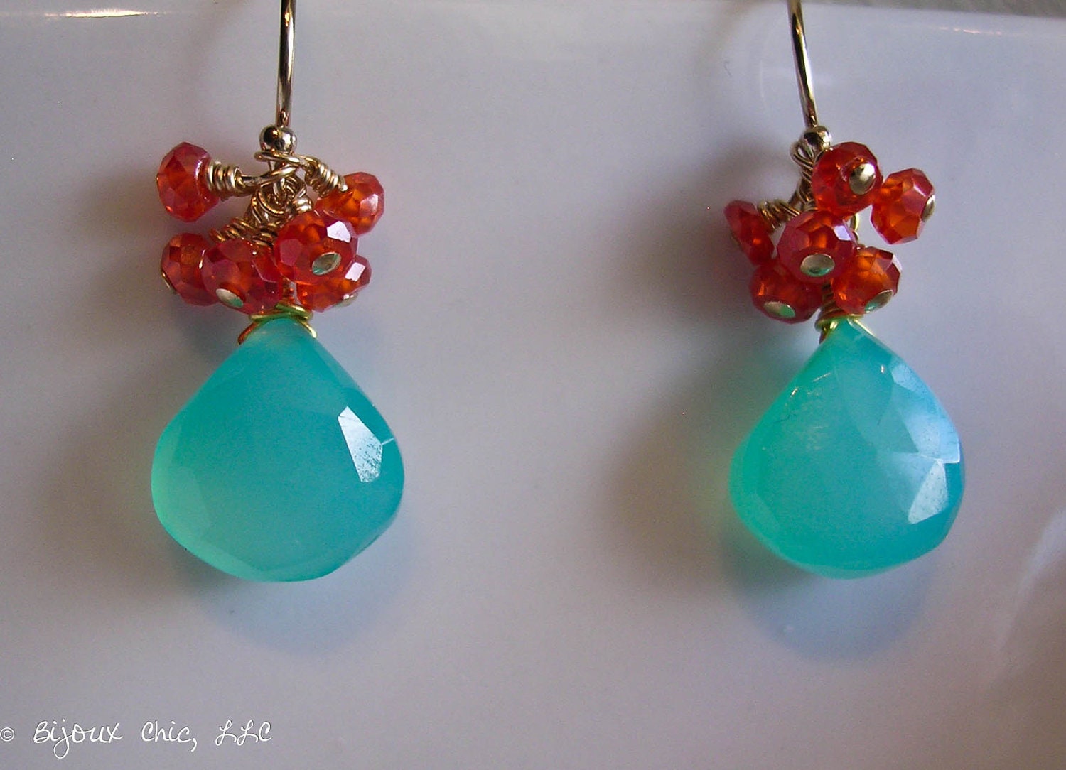 Aqua Chalcedony and Carnelian Drop Dangle earrings, Statement earrings