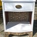 Vintage Nightstand with Skeleton Key Burlap Fabric French Provincial