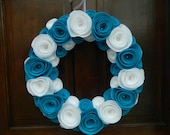 White and Turquoise Wreath - White and Teal Felt Flower Wreath with Pearl Accents - 16 inch