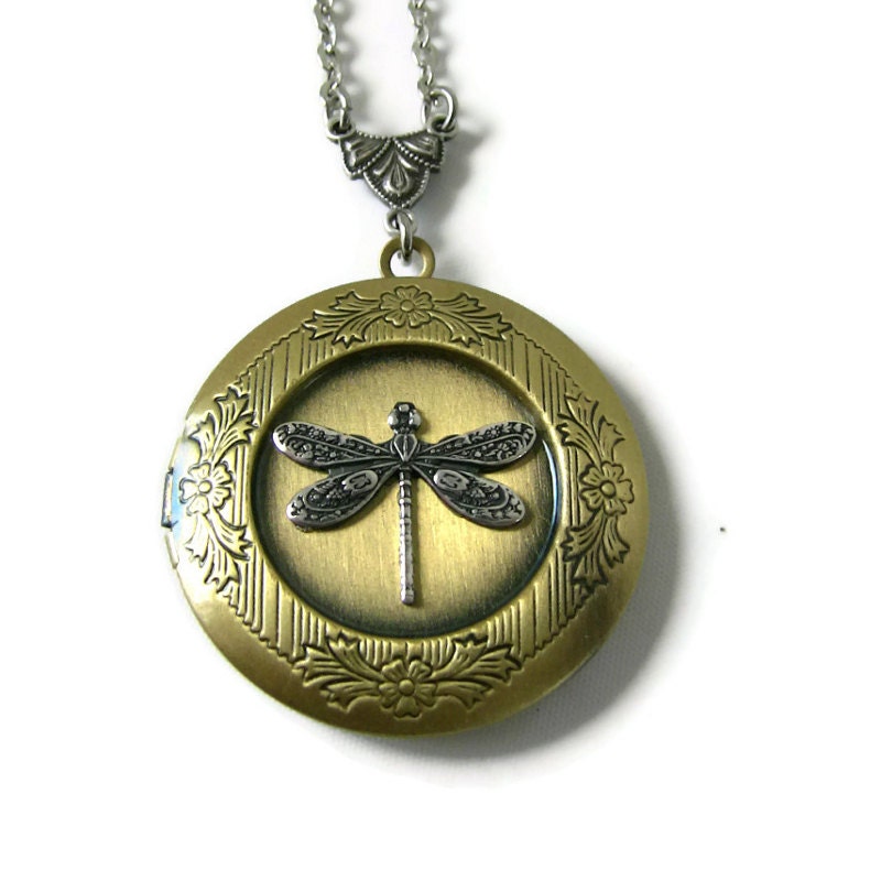 Dragonfly Locket Necklace / Antique Style Locket / Wife Anniversary Gift / Original