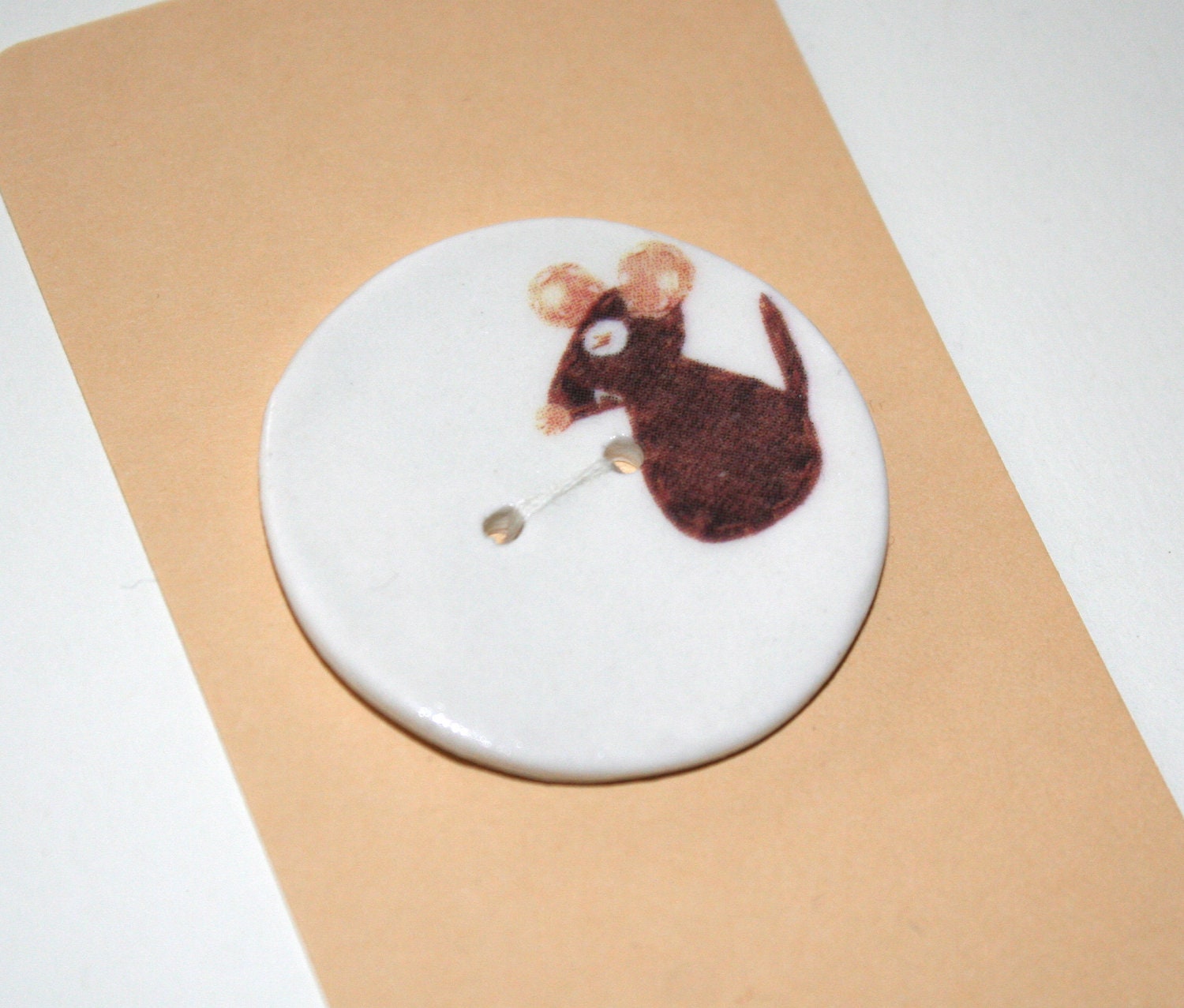 Large button, porcelain white ceramic, with cute brown mouse, kawaii