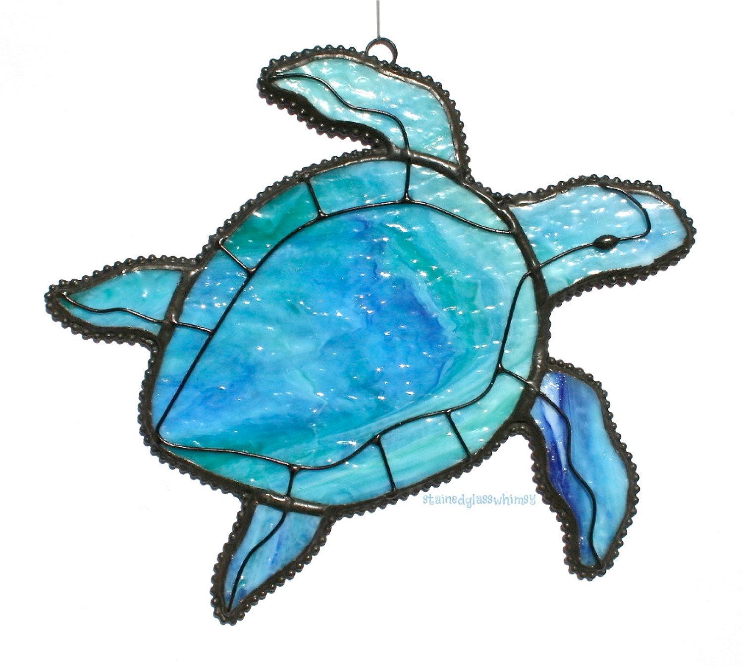 Stained Glass SEA TURTLE Suncatcher, Original Design - Sea Green, Cobalt Blue, Aqua/Turquoise, with White - USA