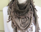Brown triangle Turkish winter shawl scarf - knit fabric with lace edge scarf- women's scarves 2012 - fringe scarf gift woman - Scarves2012