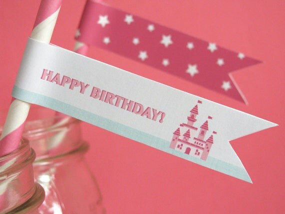 Princess Birthday - Princess Printable - Printable Party - Party Flags - Straw Flags - Castle - Stars - Fairy Tale - girl birthday - Pink Il_570xn
