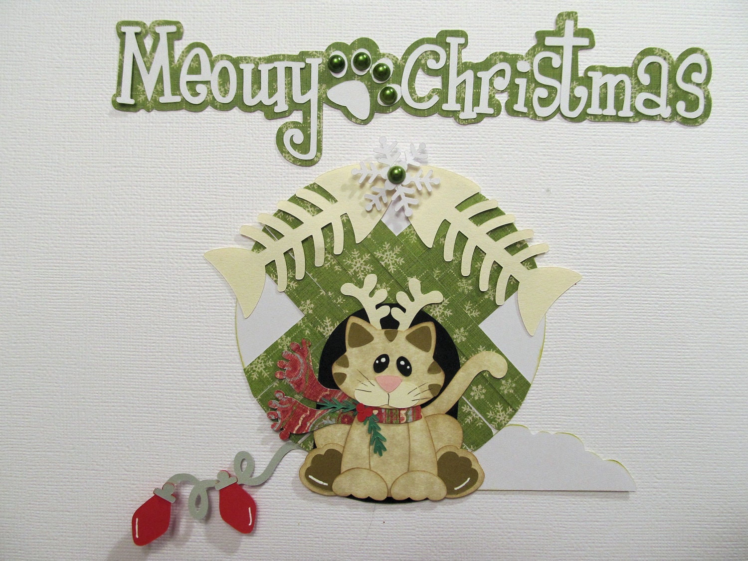 Meowy Christmas in green and red paper piecing premade Scrapbook Embellishments cat
