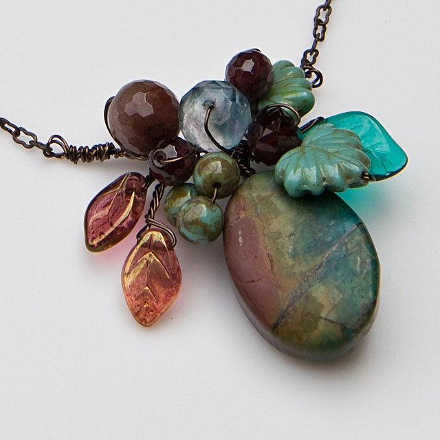 Burgundy and Teal Beaded Necklace, Pendant Necklace, Gemstone Necklace, Nature Jewelry