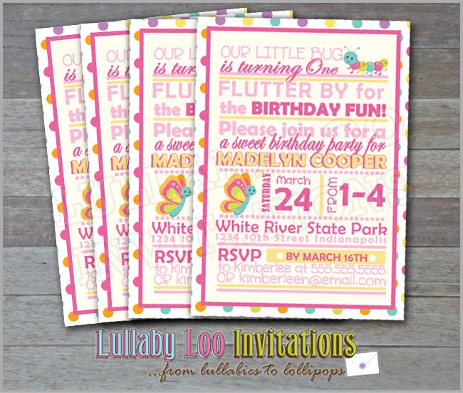 Butterfly 1ST BIRTHDAY Invitation: Product No. 093  - Bug Birthday Party Invitation - Modern Invitation for girls - 12 Printed Invitations