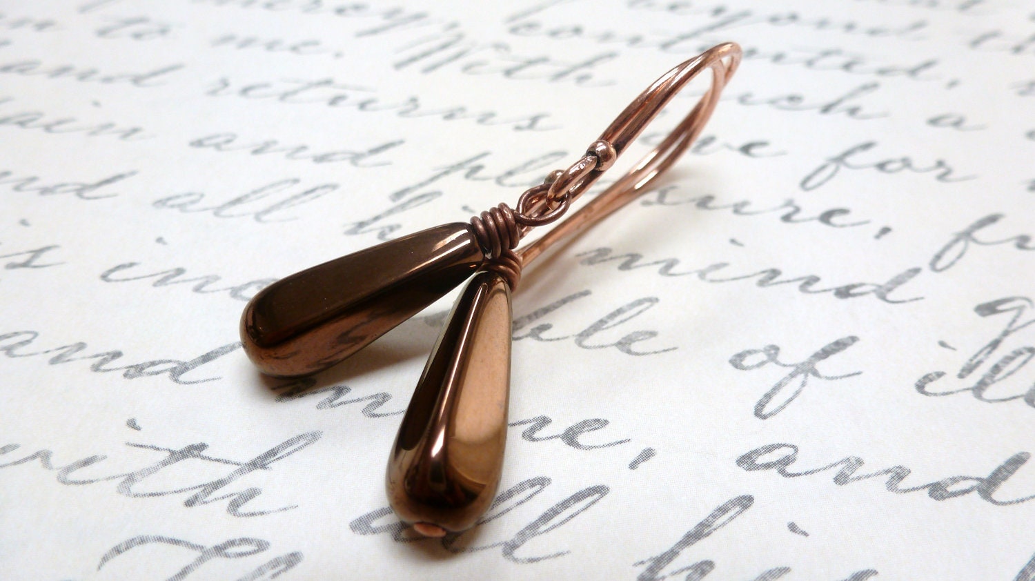 Dark Bronze Czech Glass Earrings / Solid Copper Wire Wrapped / SimplyJoli Fashion Jewelry / Smooth Squared Tear Drops