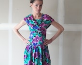 80s dress, fitted dress, floral print dress, blue floral dress, off the shoulder dress