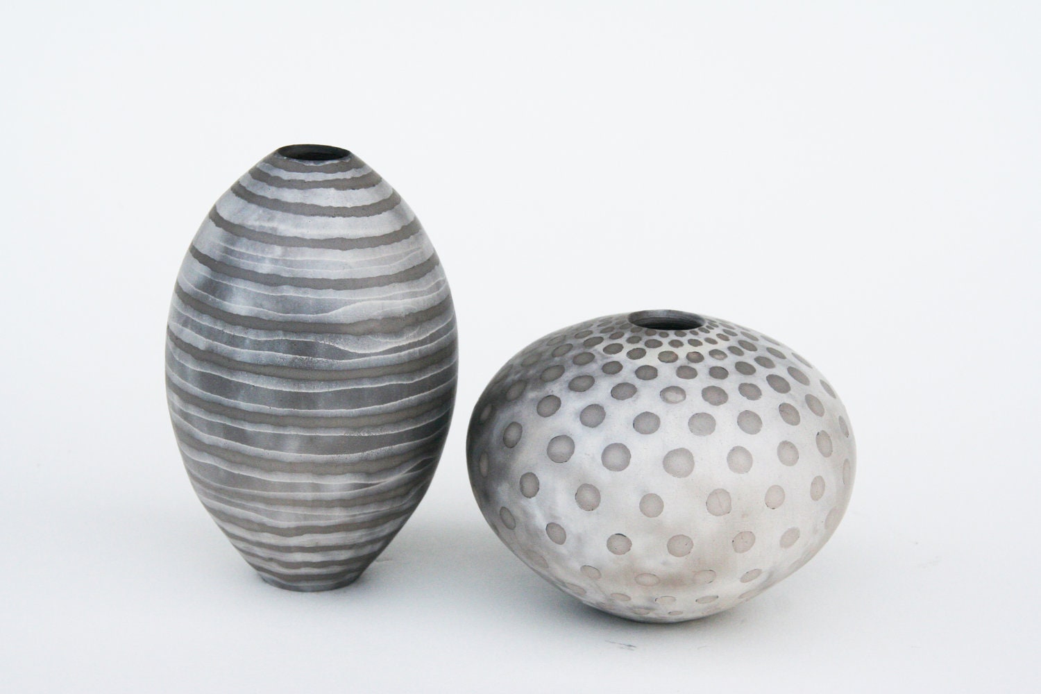 Group of 2 Striped Ceramic Pots - Sawdust Fired