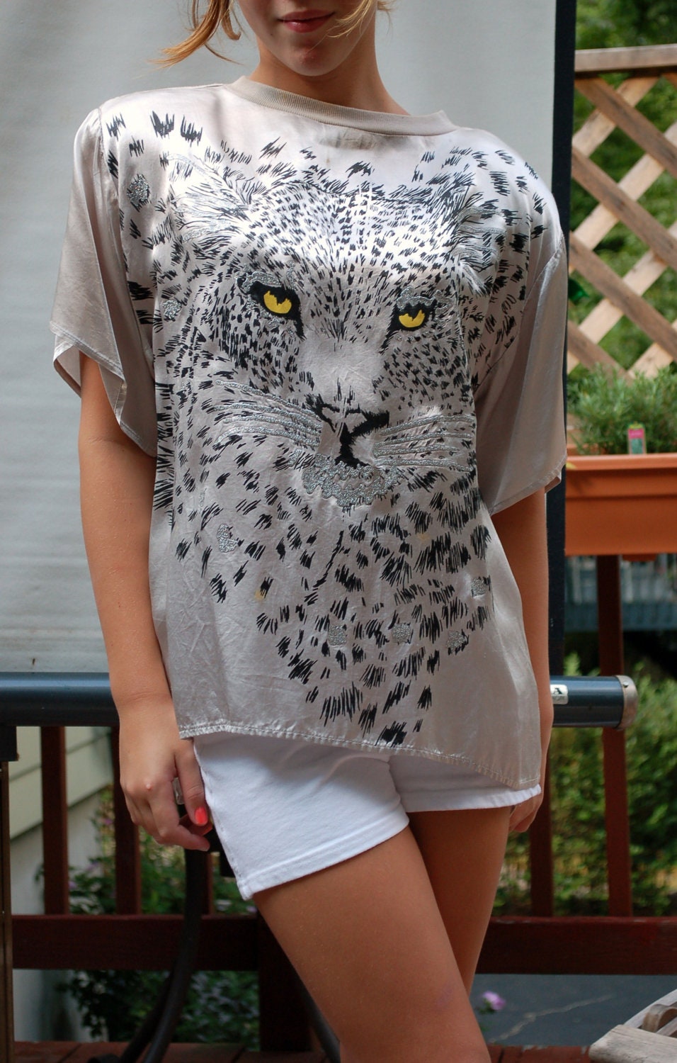1980s Disco Tiger Ladies Blouse Retro Top Silky Shirt Shoulder Pads Loose Fit Silver Material Size S to M