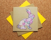 Bunny rabbit handmade greeting card with reused vintage floral fabric with pastel pink, lilac, yellow. Blank inside