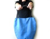 Tote bag , Slouchy style, Blue suede and black leather
