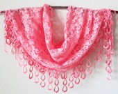 Lace Scarf on Coral Pink, Transparent, Gift Ideas under 25, Fashion Scarf, Bridesmaids Scarf