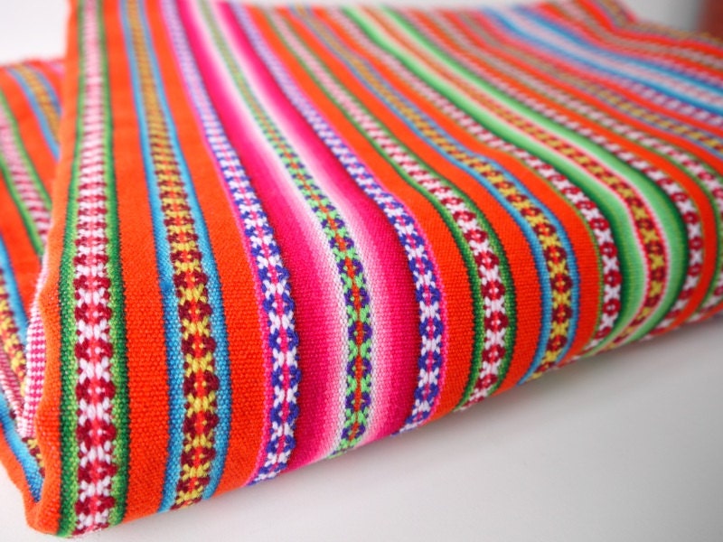 Tribal Fabric, South American Woven Fabric, Textile, Orange Colorful Stripes, 50 x 100 inches