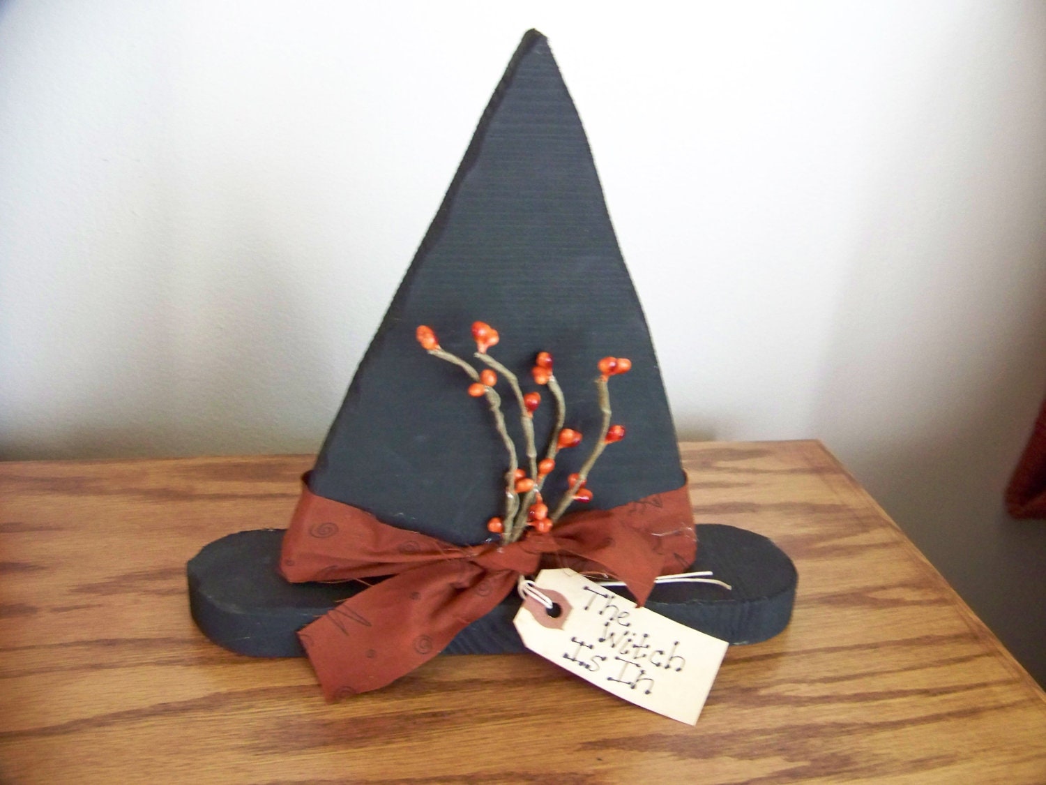 The Witch Is In Primitive Rustic Wooden Witch Hat Decoration With Pip Berries