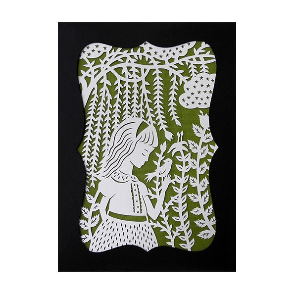 Original Papercut - Girl in the Willows - 5x7 Handcut Scherenschnitte Illustration - Ready to Frame