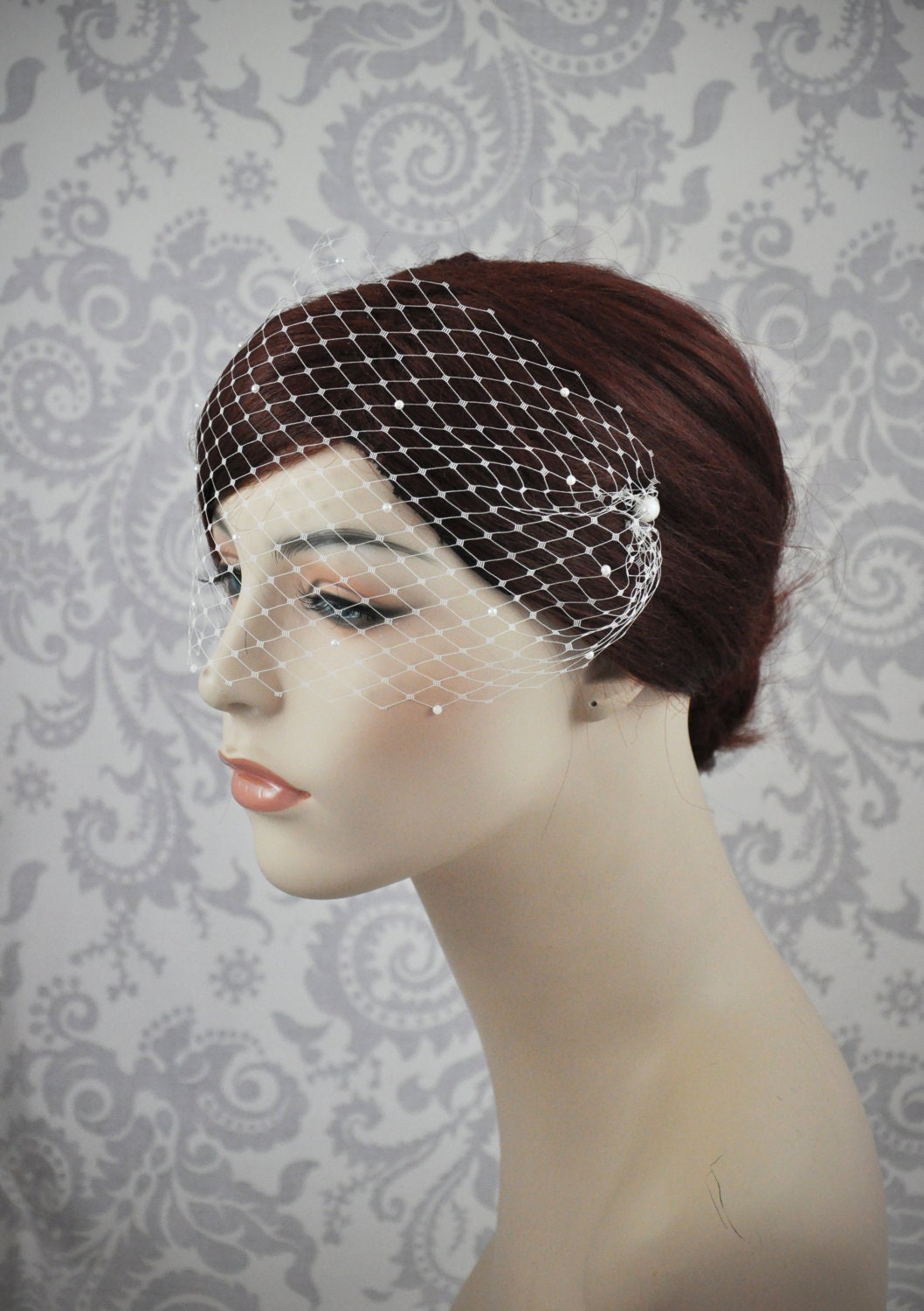 Pearl Studded Bandeau Veil, Pearl Birdcage Veil, Blusher Veil with Tiny Pearls on French Netting, Vintage Style Birdcage Veil, Rhinestone