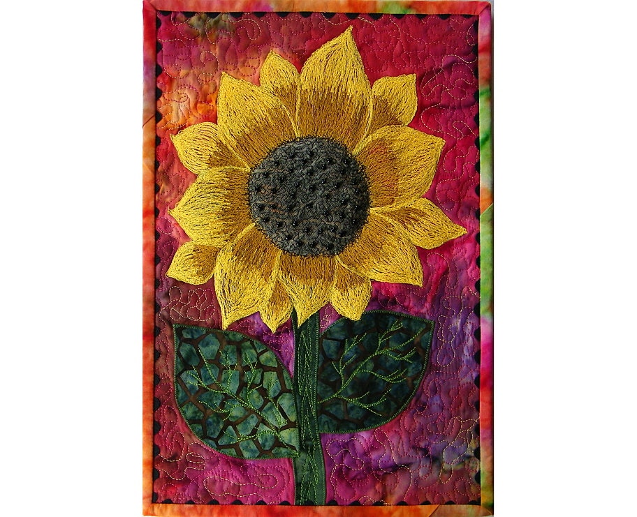 Quilt, Sunflower Fiber Art Wall Hanging, Thread Art
