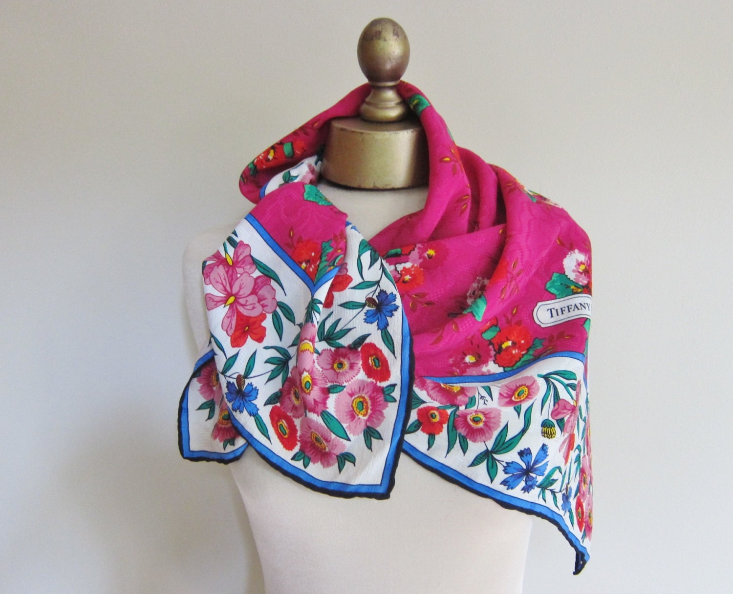 Tiffany / silk scarf  / floral / hand rolled / hot pink / figured silk