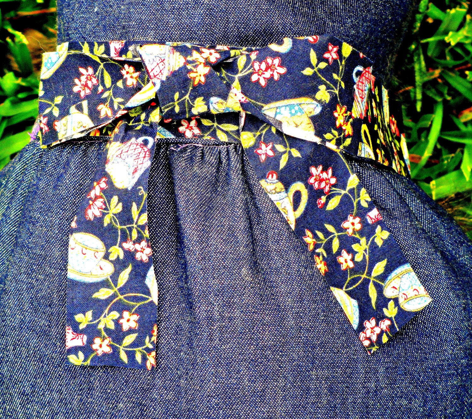 Small Dog's Clothes - Made to Order Indigo Stretch Denim Dress w/Teacup Trim and Satin Roses