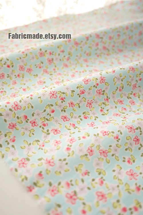 Country Shabby Chic Fabric Little Pink Flower Cotton Fabric On Light Blue Cotton - Fabric by yard 1/2 yard