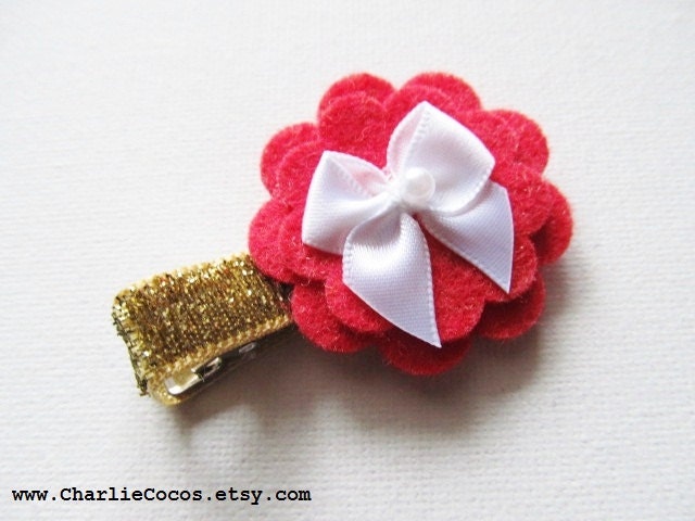 Baby/Girls Wool Felt Flower Hair Clip with Pearls, Holiday Hair Clip, Baby Hair Bow Clip, Girls Hair Bow Clip, Red, White and Gold Hair Clip