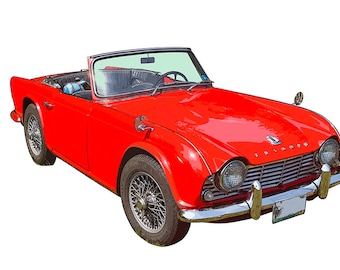Red Triumph TR4 Convertible Poster Print Digital Illustration Classic Sports Car