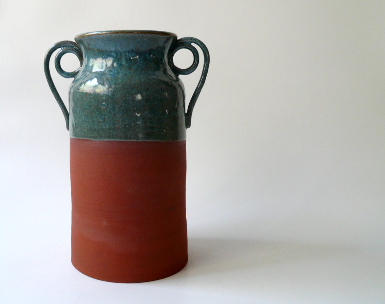 Rustic Terracotta Vase with Spiral Handles in Variegated Blue Large