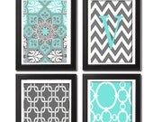 Digital Illustration Personalized Turquoise Grey Vintage / Modern inspired Ikat Art Prints   -Set of 4 -8x11 Poster Prints -   (UNFRAMED)