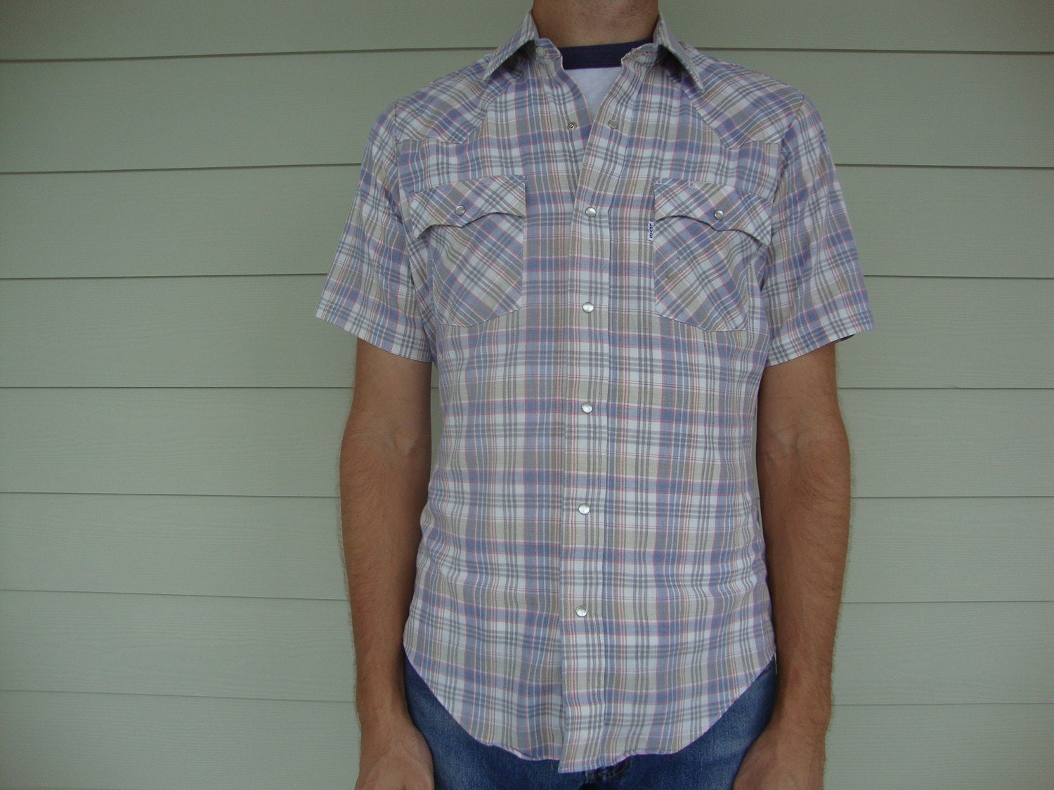 SALE - Vintage 1980s Men's Levi's Western Shirt - Plaid - Pearl Snaps - Short Sleeved - Medium - Levis - Rockabilly