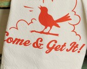 Retro Kitchen Art Towel - Handmade Silk Screen Printed - Original Design - Aunt Marthas Tea Towel - Bright Red and Blue