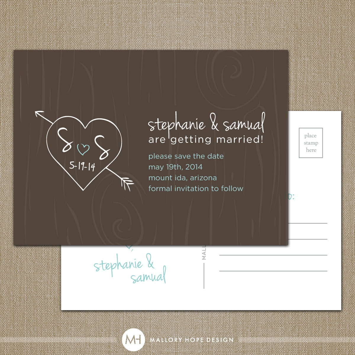 Tree Carving Initials Personalized Wedding Save the Date Postcard - CUSTOMIZE Colors and Content - Digital Design File