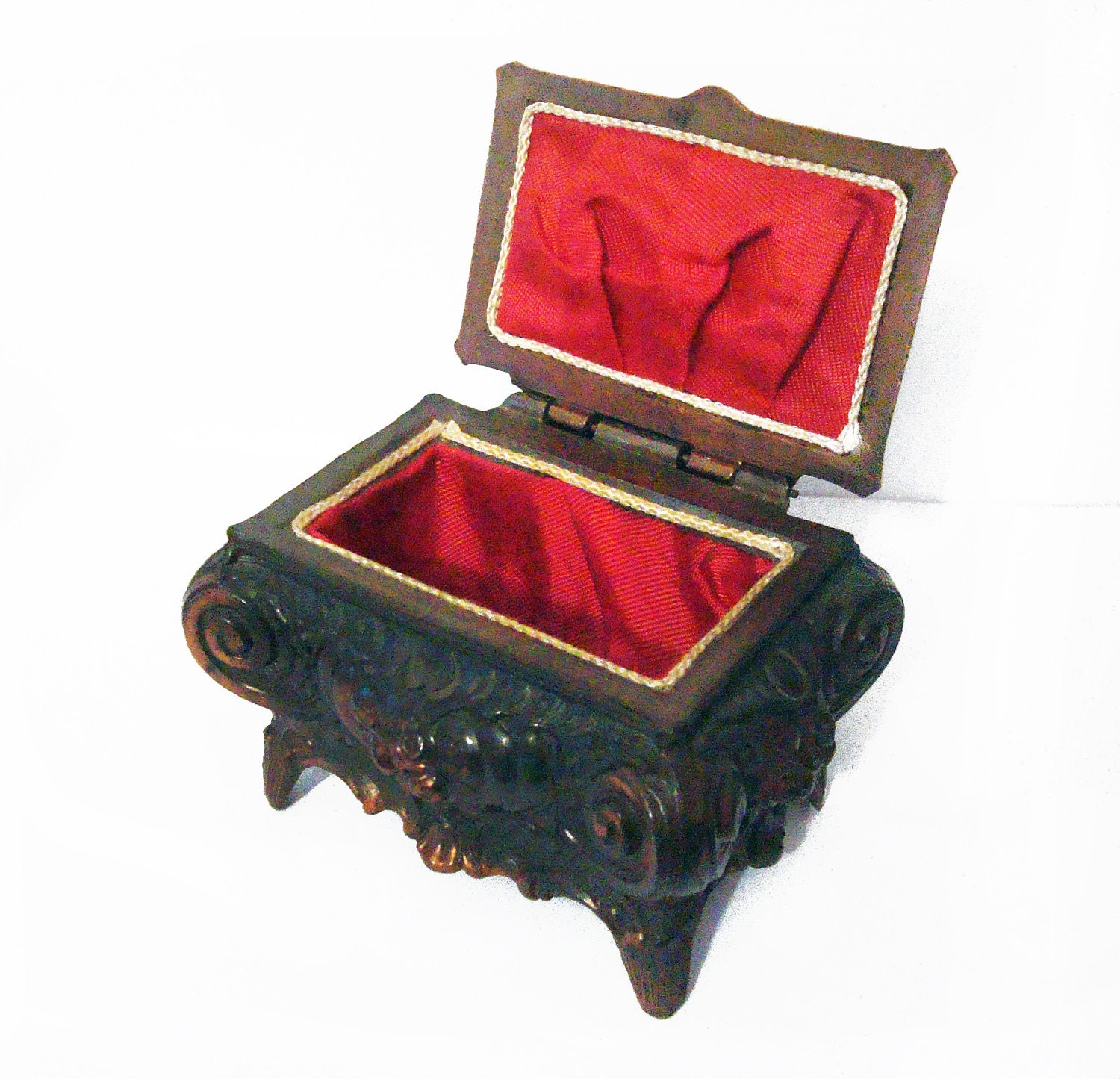 Beautiful German 1959  metal jewelry box - decorative ornamental jewelry case and red lining - valentine romantic gift for