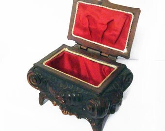 Beautiful German 1959  metal jewelry box - decorative ornamental jewelry case and red lining - valentine romantic gift for