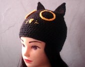 Crochet hat pattern PDF instant download, animal hat pattern, Black cat earflap hat - newborn to adult, Pattern No. 36