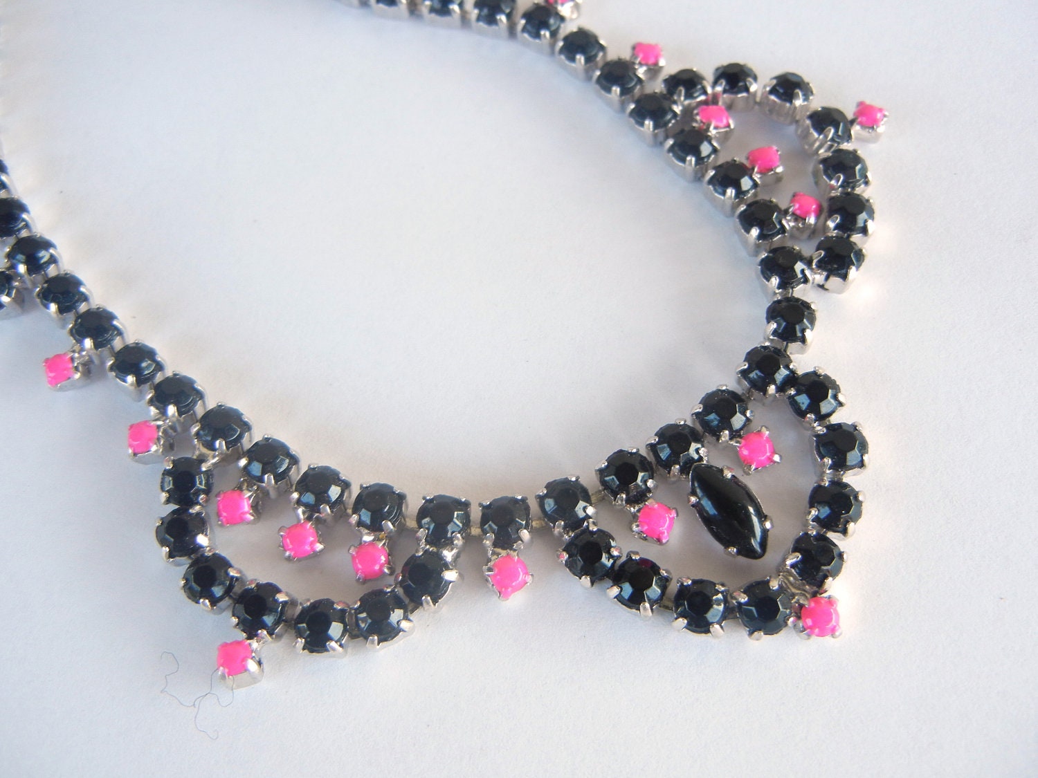 RESERVED FOR JEAN Vintage 1950s One Of A Kind Hand Painted Black and Fucsia Rhinestone Necklace