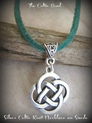 Silver Celtic Irish Knot Necklace with Teal Green Suede