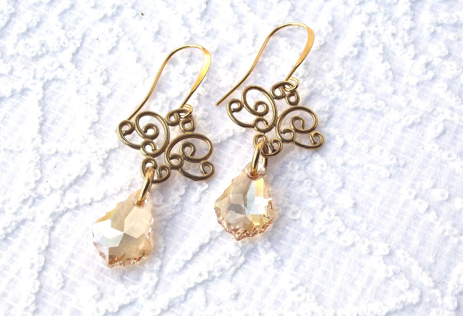 Gold plated 24K earrings with Swarovski Crystal Golden Shadow  Super jewelry  Gift under 25