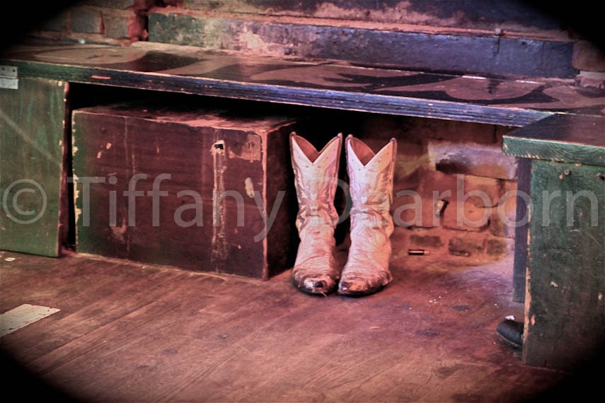 Lonesome Boots - worn white cowboy boots in a bar -  8x10 color matte print