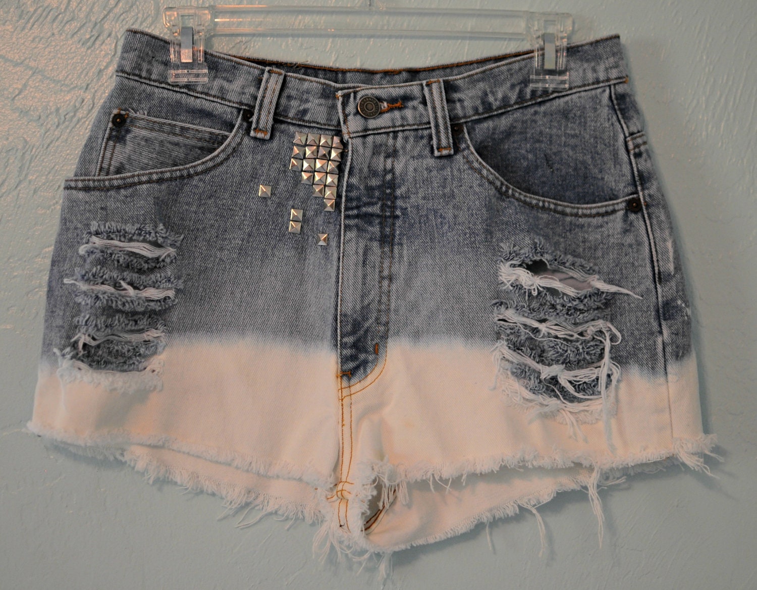 High Waisted, Dip Dyed Destroyed & Studded Vintage Jean Shorts