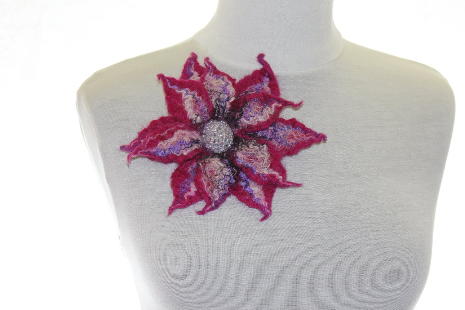 Red-violet felted flower brooch "Passion"