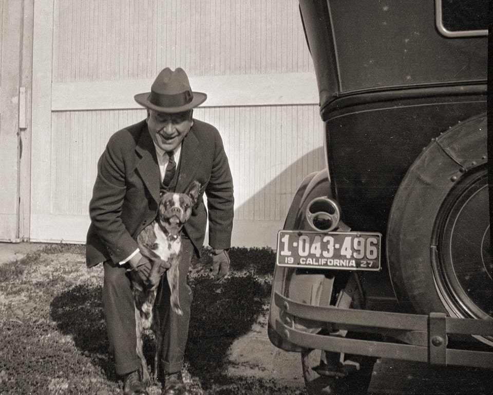 Man, Dog, Vintage Car in the 1920s:  Nostalgic Photo from  Original Negative 8x10